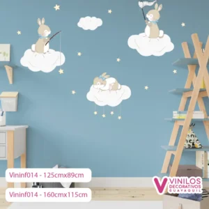 Vinil infantil conejos pescando estrellas en nube