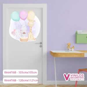Vinil  Decorativo Infantil Elefantes, jirafa, hipopotamo y globos