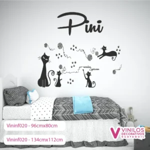 Vinil Decorativo Infantil Gatos con nombre personalizado color negro