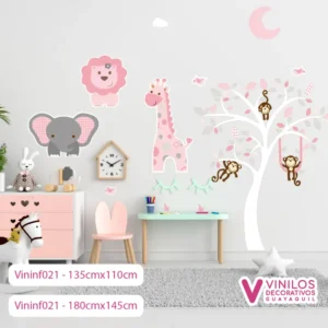 Vinil Decorativo Infantil Animalitos Safari con Árbol Monos y Luna