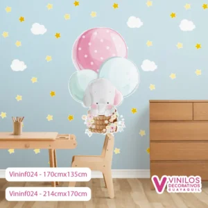 Vinil  Decorativo Infantil Elefante con globos y estrellas