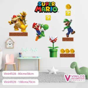 Vinil Decorativo Infantil Mario Bros saltando nube tortugas monedas
