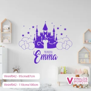 Vinil  Decorativo Infantil Castillo princesa con nombre personalizado, estrellas y nubes