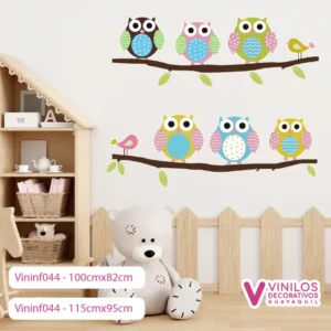 Vinil Decorativo Infantil Búhos posados en rama y pájaros de colores