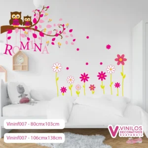 Vinil infantil Nombres arboles búhos y flores