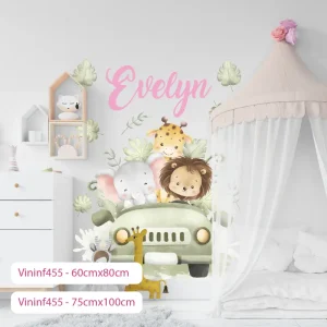 Vinil Decorativo Infantil De Safari Con Vehículo Para Niña