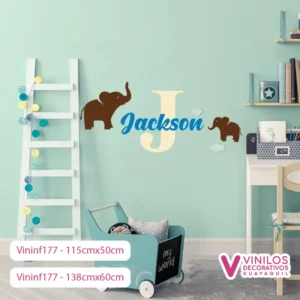 Vinil Decorativo Infantil Letra grande con nombre personalizado y silueta de elefantes