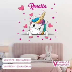 Vinil Decorativo Infantil Unicornio con nombre personalizado, estrellas y corazones
