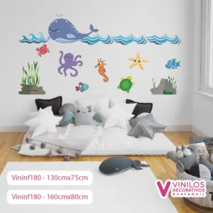 Vinil Decorativo Infantil Fondo del mar con peces ballena y crustáceos