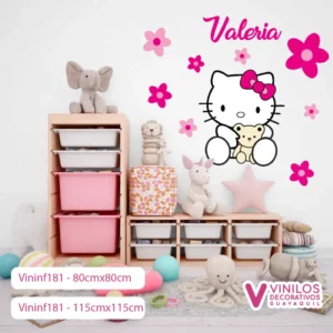 Vinil Decorativo Infantil Hello kitty con flores y nombre personalizado