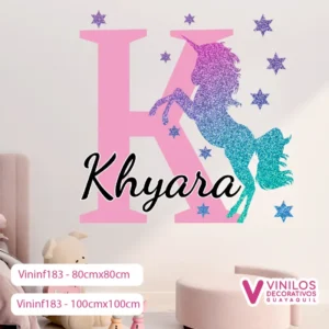 Vinil Decorativo Infantil Letra grande junto un unicornio con estrellas y nombre personalizado