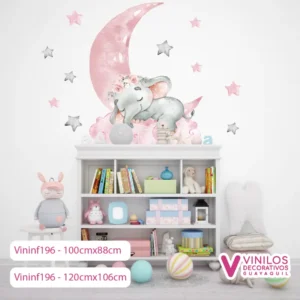 Vinil Decorativo Infantil Elefantita durmiendo en luna, nube con estrellas