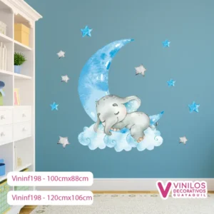 Vinil Decorativo Infantil Elefante durmiendo en luna y nube con estrellas