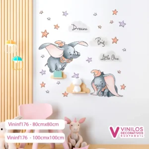 Vinil Decorativo Infantil Elefante con estrellas y 3 nombres personalizado