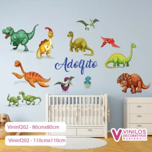 Vinil Decorativo Infantil Dinosaurios animados con nombre personalizado