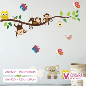 Vinil Decorativo Infantil Monitos colgando de rama jugando, mariposas, búho y aves