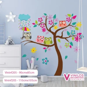 Vinil Decorativo Infantil Árbol con búhos, paraguas y lluvia
