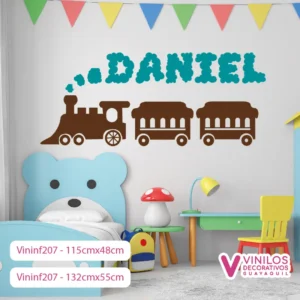 Vinil Decorativo Infantil Silueta de tren con nombre personalizado de humo