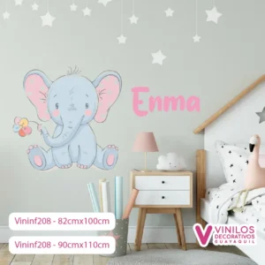 Vinil Decorativo Infantil Elefante bebé con flor y nombre personalizado