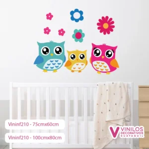 Vinil Decorativo Infantil Familia de Búhos con flores
