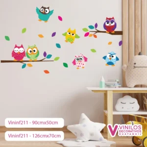 Vinil Decorativo Infantil Ramas con hojas y búhos