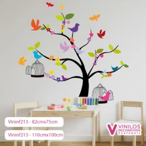 Vinil Decorativo Infantil Árbol con ramas flores y aves de colores