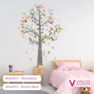 Vinil Decorativo Infantil Árbol gris con aves conejo ramas y flores colores