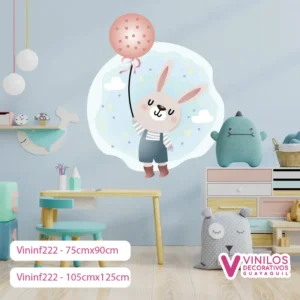 Vinil Decorativo Infantil Conejo con globo estrellas, nubes y puntos