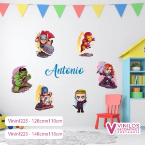 Vinil Decorativo Infantil Avengers animados con nombre personalizado