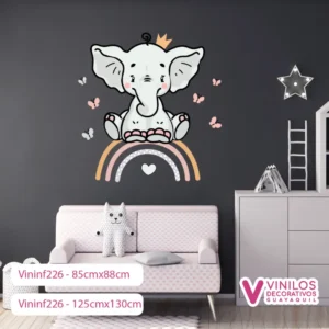 Vinil Decorativo Infantil Elefante sentado en arcoíris y mariposas