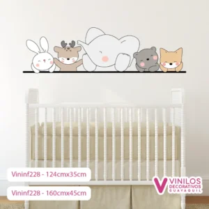 Vinil Decorativo Infantil Animalitos Elefante, Conejito, Osito Zorro y Venado
