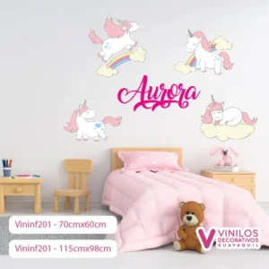 Vinil Decorativo Infantil Unicornios realizando acciones con nombre personalizado