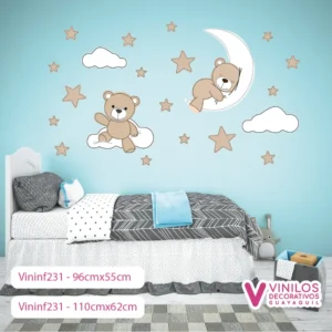 Vinil Decorativo Infantil Osito dormilones en Nube y Luna con Estrellas