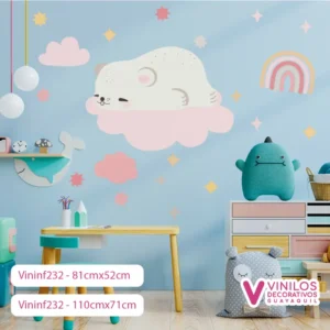 Vinil Decorativo Infantil oso dormido en nube con estrellas y arcoíris
