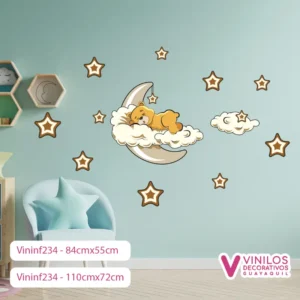 Vinil Decorativo Infantil Oso dormido en nubes, luna y estrellas