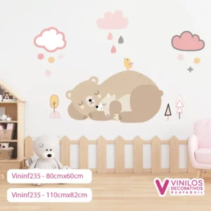 Vinil Decorativo Infantil Mamá oso e hijo con ave nubes y estrellas
