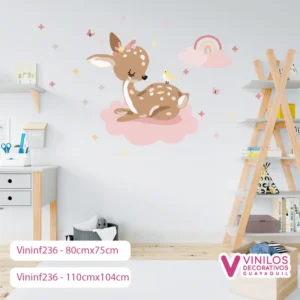 Vinil Decorativo Infantil Venado en nube con estrellas nube con arcoíris y mariposas