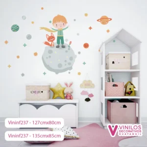 Vinil Decorativo Infantil Niño con un zorro encima de la luna con estrellas y planetas
