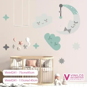 Vinil Decorativo Infantil Luna con nubes y estrellas
