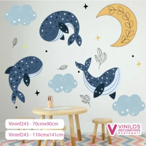 Vinil Decorativo Infantil Ballenas con nubes estrellas y luna