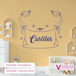 Vinil Decorativo Infantil Aves colgando nombre personalizado y mariposas