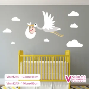 Vinil Decorativo Infantil Cigüeña con bebe volando y nubes