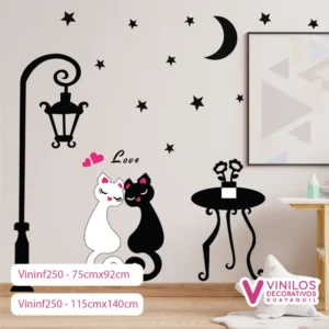 Vinil Decorativo Infantil Gatos enamorados con farol, mesa con flores, estrellas y luna
