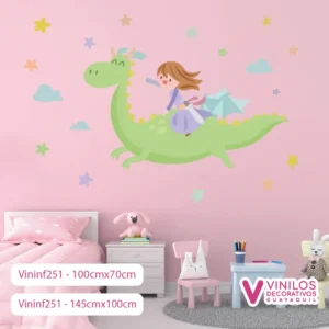 Vinil Decorativo Infantil Dragon volando con niña estrellas y nubes