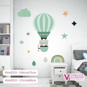 Vinil Decorativo Infantil Globo aerostático con gatito y hipopótamo, nubes y estrellas