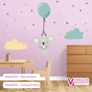 Vinil Decorativo Infantil koala colgado de un globo con estrellas y nubes