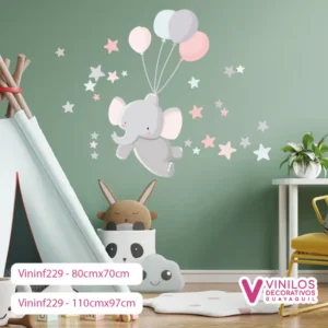 Vinil Decorativo Infantil Elefante flotando con globos y estrellas