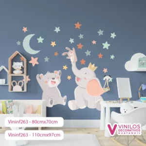 Vinilos Decorativos Infantiles  De Oso, Elefante Con Estrellas Y Luna