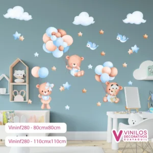 Vinilos Decorativos Infantiles De Osos Con Nubes y Estrellas